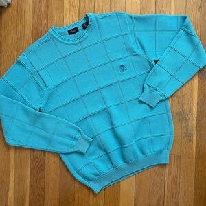 Izod 100% Cotton 90s Style Windowpane Knit Crewneck Sweater in Teal